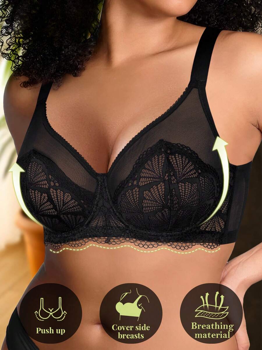 MIMILEMON Plus Size Women's Black Lace Lingerie Breast Comfort Breathable Bra, Lift - Black - View 1