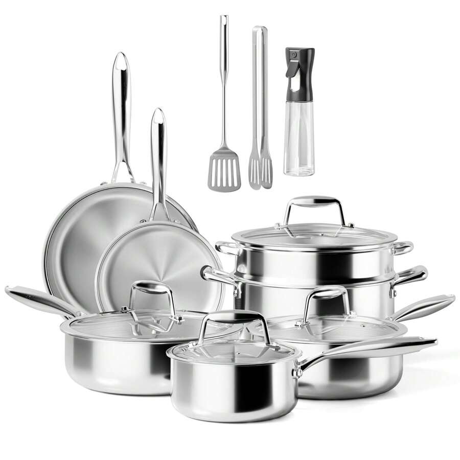 RIOVARM-EU RIOVARM Stainless Steel Pots And Pans Set With Lids, Induction Non-Stick Cookware Set Without PFOA, Kitchen Essentials Set, Suitable For Ovens, Frying Pan, Cooking Pot, Sauté Pan, Saucepan, Casserole