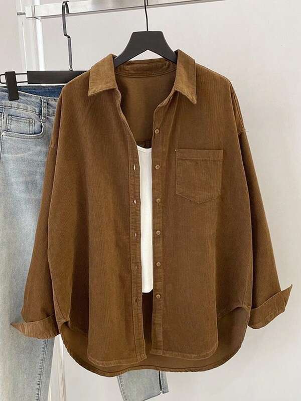 ​Women's Solid Color Corduroy Button Down Shirt Heavy Weight Long Sleeve Pocket Fall Winter Casual​,Fall Clothes For Women,Flannels For Women