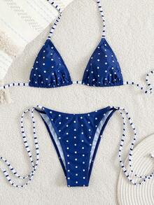 全新夏季女式打结绳可爱波尔卡圆点印花性感度假比基尼套装 - 藍白色 - 查看 3