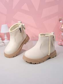 1 双幼儿女童米色靴子，纯色软 PU 材质，低帮，侧面绒球拉链设计，圆头，厚底，防滑，舒适，时尚休闲可爱正装靴，适合 3-15 岁女学生，室内/室外，派对，2025 秋冬新品