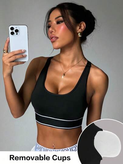 Zwart Round Neck Removable Padded Mesh Splice Elastic Com Tafel Sports Knit BH