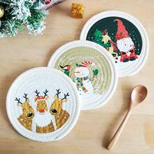 3pcs/Set Round Christmas Print Heat Insulation Pad Series, Cotton Rope Woven With Ribbon Packaging, Thick, Flexible, Multi-Purpose Insulation Pad For Cups, Bowls, Pots, Ideal For Christmas Gifts (Diameter: 7.09inch/18cm)