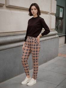 Fall Clothes For Women Pantalones De Mujer Women's Plaid High-Waist Slim Pants - Classic Plaid Pattern, Stretchy Skinny Fit, Suitable For Daily Work, Leisure, Gatherings & Multi-Scenario  Tie Dye    All    Pocket - Màu Khaki - Xem 3