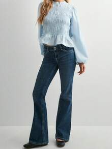 Women's Fall Button Down Blouses Casual Stylish Solid Shirred Ruffled Trim Bubble Long Sleeve Tops - Blue - View 3
