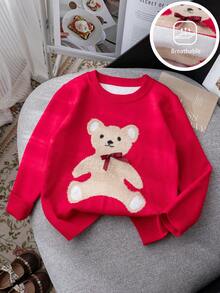 Girls Cute Bear & Bow Knitted Pullover Sweater, Suitable For Daily, Vacation, Spring, Autumn, Winter - Red - View 1