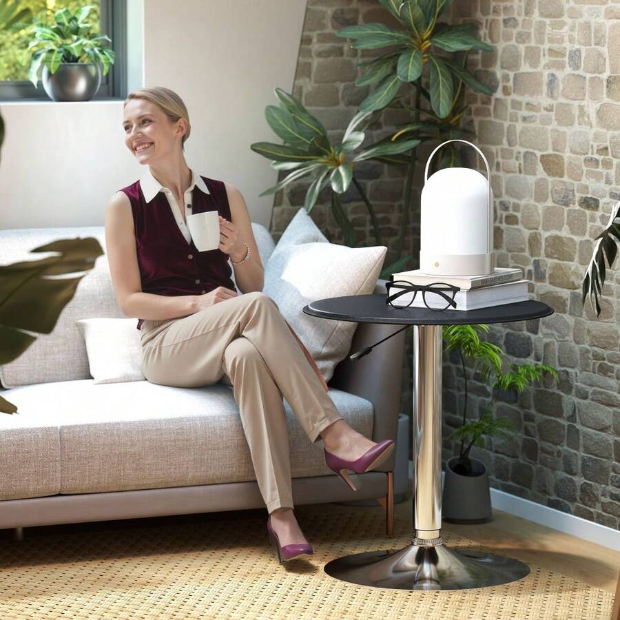 Black Adjustable Round Bistro Table – PVC Leather Top With Steel Base, Height-Adjustable Dining Desk For Kitchen, Bar Or Small Spaces - Default - View 1