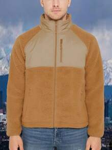 Chaqueta de hombre con forro de borreguito Sherpa, manga larga, de polar con cremallera, cálida para otoño e invierno - Camel - Ver 1