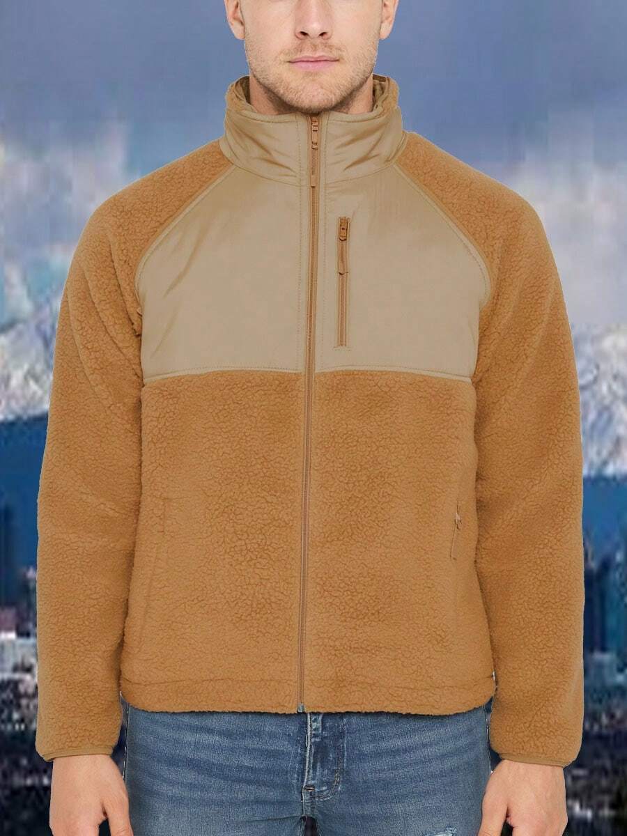 Chaqueta de hombre con forro de borreguito Sherpa, manga larga, de polar con cremallera, cálida para otoño e invierno - Camel - Ver 1