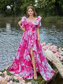 Faeriesty Vestido de noite longo em chiffon ultrafino, com amarração nas costas, detalhes em babados e estampa. Ideal para festas no jardim e casamentos na primavera/verão. - Rosa Quente - Ver 4