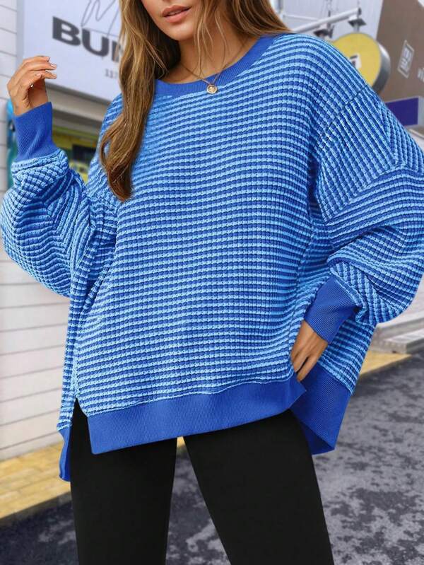 Women's Fall Oversized Outdoor Sweatshirt – Casual Waffle Knit Long Sleeve Crewneck Split Pullover Tunic Tops For Camping Or Hiking