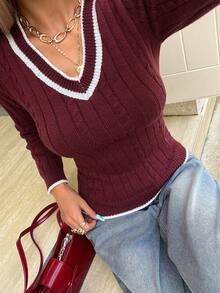 Women's Fitted Casual Vintage Cute College Style Pullover Sweater, Suitable For Halloween, Christmas, New Year, V-Neck, Daily, Back To School, Party, Travel, Airport, Autumn Winter - Burgundy - View 1