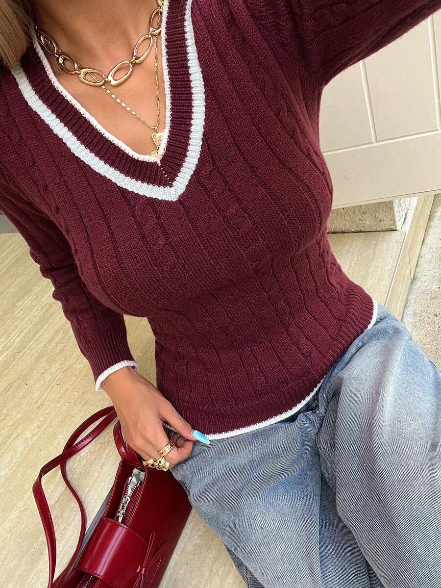 Women's Fitted Casual Vintage Cute College Style Pullover Sweater, Suitable For Halloween, Christmas, New Year, V-Neck, Daily, Back To School, Party, Travel, Airport, Autumn Winter - Burgundy - View 1