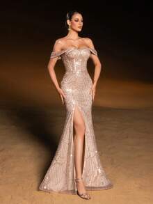 Faeriesty Vestido de noche elegante y glamoroso con un hombro, lentejuelas y abertura alta con bajo de sirena - Perfecto para galas, bodas, alfombra roja, banquetes formales y eventos de etiqueta negra para mujeres