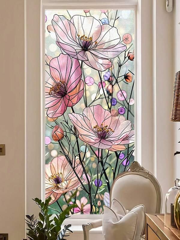 1pc Thickened Electrostatic Removable Window Sticker Vintage Floral Pattern Translucent Texture For Bedroom, Living Room, Kitchen, Translucent Privacy Film, Removable PVC Privacy Glass Decal, Bathroom Home Decor Window Electrostatic Film Flower Glass Decoration Vintage Floral Electrostatic Window Film - Colorful Pink And Peach Flower Pattern Wall Stickers Wall Sticker Stickers Room Decor