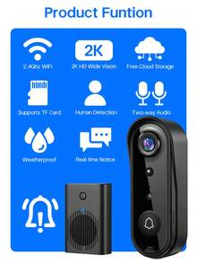 2K Wide Vision Security Video Doorbell Camera Wireless (Battery Powered) With Indoor Chime, 2K Night Vision, Smart Human Detection, Two-Way Audio, Free Cloud Storage And 32G Micro SD Card Storage, 2.4Ghz WiFi Only, Indoor/Outdoor Surveillance Cam - 黑色 - 查看 2