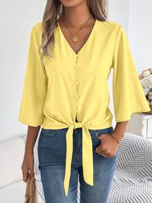 Summer Resort Button Front Shirt V-Neck Tie-Waist With Cropped Sleeves  Women's Solid Color Casual Top Yellow Bloues - Màu vàng - Xem 5