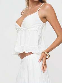 Women's Lace Trimmed V Neck Ruffled Sleeve Flared Eyelet Tank Blouse Top - White - View 3