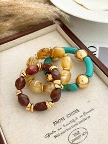 3pcs/Set Vintage Boho Thick Multi-Layer Acrylic Beaded Bracelet, Fashion Luxury Accessory For Women, Couples, Party, Daily Wear