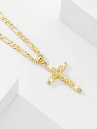 1pc 2025 New Hypoallergenic Copper Inlaid Zirconia Cross Jesus Pendant Necklace, Suitable For Christmas/Thanksgiving/Mother's Day/Valentine's Day Couples/Friends/Fellow Church Members As Gifts, Catholic First Communion, Daily Festival Wear And Prayer