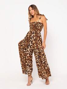Boho All-Over Print Jumpsuit With Ruched Knot - 棕色 - 查看 4
