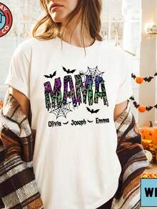 Custom Halloween Mama Shirt, Spooky Mama T-Shirt With  Names, Pernalized Halloween Ghost , Cute Family Halloween Swea220G Heavyweight Cotton Women's Top – Crafted From Premium Thick Cotton With A Soft Yet Durable Feel, Delivering Breathable Comfort From Morning To Night. Perfect For Everyday Wear, Travel, Casual Outings, Sports, Or Layering During Cooler Days. A Versatile And Fashionable Choice For Street Style, Relaxing At Home, Or Staying Active Outdoors. - 白10 - 查看 1