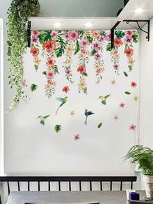 1 件墙贴 - [粉色花朵、绿叶、蝴蝶、蜂鸟] PVC 自粘可移除墙贴，适用于托儿所、儿童房、游戏室或教室 - 适合任何空间的可爱创意墙面装饰