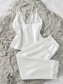 2 pezzi Set pigiama da donna comodo e tinta unita, design scollo a V e schiena scoperta con spalline regolabili, lingerie sexy abbinata a pantaloni pigiama morbidi con bordo in pizzo