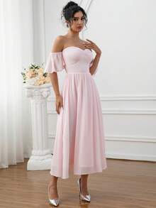 优雅浅粉色雪纺露肩中长伴娘礼服，性感V领设计，适合伴娘婚礼穿着。 - 淺粉色 - 查看 5