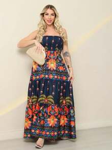 Look Of Millions!!! Long Strapless Dress With Floral Print - Dark Wash - View 3