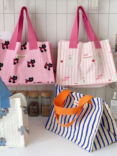 1 Piece Fashion Quilted Lunch Bag Outdoor Bag Cute Cat, Dog, And Bear Pattern Design Lunch Handbag Fashion Large Capacity Food Container Bag, Lunch Box Storage Bag, Reusable Lunch Box, Multi Functional Waterproof Leak Proof Adult Lunch Handbag Work Outdoor Camping Picnic Lunch Bag