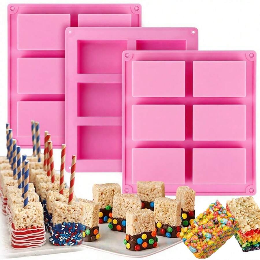1pc 6/8 Cavity Rectangular Silicone Mold, Suitable For Making Rice Cakes, Cereal Bars, Chocolates, Ice Cubes, Brownies, Cornbread, Puddings, Butter Molds, DIY Handmade Soap Molds, Fragrance Soap Molds, Kitchen Tools, Special Baking Molds (Pink, Purple) - Multicolor - View 1