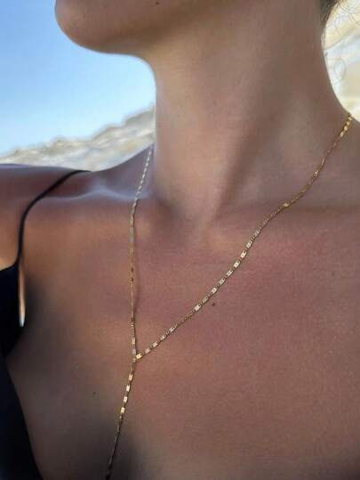 Colar Y dourado brilhante, estilo minimalista, corrente para clavícula, aço inoxidável, colar longo, elegante em formato de Y para mulheres, banquete, baile, festa