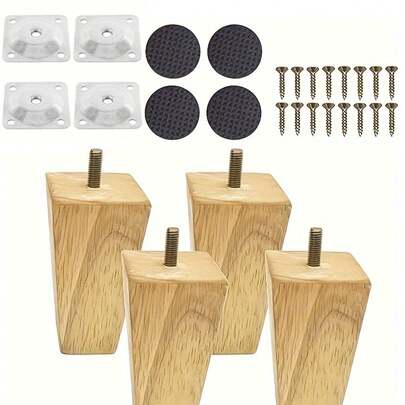 4pcs Cone-Shaped Furniture Legs With Hardware, Solid Wood Sofa Legs, Suitable For Sofa, Vanity, Bed - Multipurpose Wooden Replacement Feet With Metal Mounting Plates And Screws