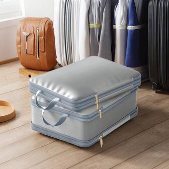 Ultra Space Saving Self Compression Organizer, New 2-Layer 2-Sided Comforter Storage Bag, Large Capacity Travel Luggage Compression Storage Bags With Zipper And Handle For Clothes Comforter Blanket For Moving, College Dorms, Holiday, Vacation, Business Or Everyday Closet Use.