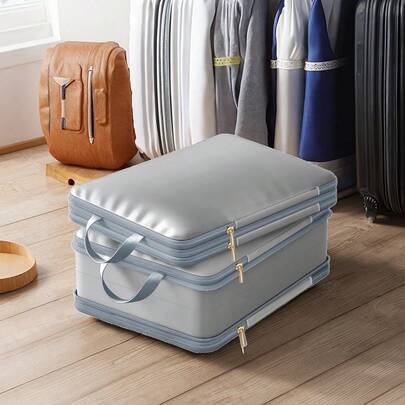 Organizador ultra ahorrador de espacio con autoapretado, nueva bolsa de almacenamiento de edredón de 2 capas y 2 lados, bolsas de compresión de equipaje de gran capacidad con cremallera y asa para ropa, edredón, manta para mudanzas, dormitorios universitarios, vacaciones, viajes de negocios o uso cotidiano en el armario.