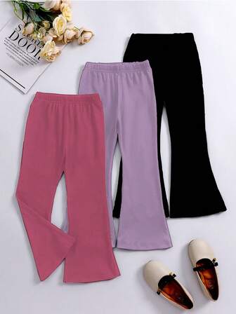 3pcs Set Of Young Girls' Fashionable And Cute Solid Color Casual Tight Flared Pants, Knitted Soft And Comfortable Casual Versatile Style, Suitable For Spring, Summer And Autumn Outdoor Activities, School, Running, Cycling, Party And Daily Leisure