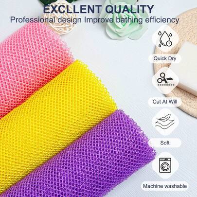 3 Pieces African Exfoliating Net, Colorful African Net Cloth, Long African Net Sponge Body Scrubber For Use In Shower, Bath Shower Wash Cloth Great For Skin Smoother Daily Use (Pink, Purple, Yellow)