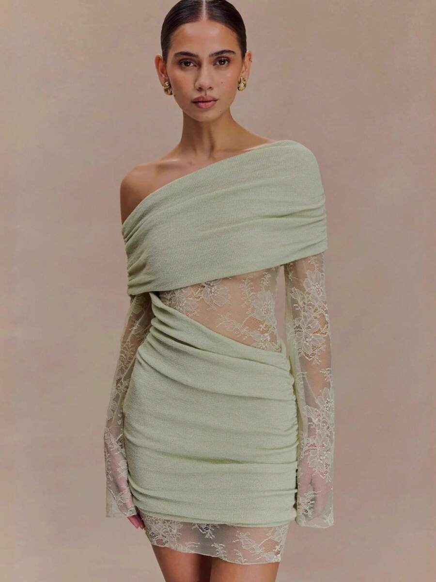 2025 Women's Explosive Fashion Lace Spliced Knitted Short Skirt Hot Girl Sexy European And American One-Shoulder Dress - 抹茶色 - 查看 1