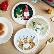 3pcs/Set Round Christmas Print Heat Insulation Pad Series, Cotton Rope Woven With Ribbon Packaging, Thick, Flexible, Multi-Purpose Insulation Pad For Cups, Bowls, Pots, Ideal For Christmas Gifts (Diameter: 7.09inch/18cm)