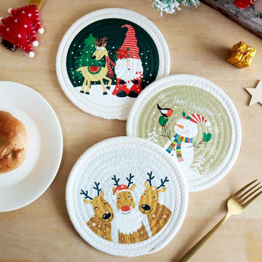 3pcs/Set Round Christmas Print Heat Insulation Pad Series, Cotton Rope Woven With Ribbon Packaging, Thick, Flexible, Multi-Purpose Insulation Pad For Cups, Bowls, Pots, Ideal For Christmas Gifts (Diameter: 7.09inch/18cm)