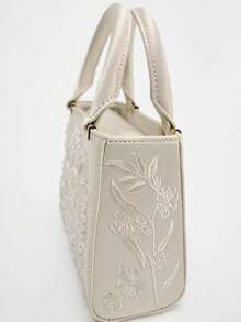 Satin Faux Pearl Handbag, Women's Mini Tote Bag Women's Chain Shoulder Bag Fashionable Small Tote Bag Women's Luxury Designer Wallet Women's Fashion Handbag - Beige - View 5