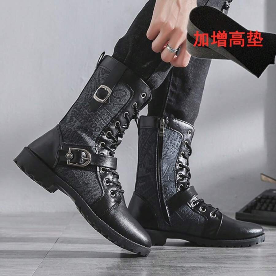 Men High-Top Leather Riding Boots - Black + Height Increasing Insole - View 1