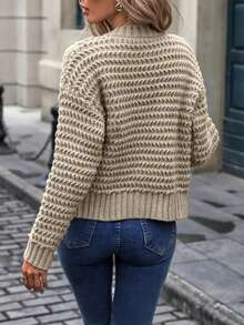 Crew Neck Open Front Long Sleeve Sweater, Autumn/Winter - Khaki - View 2