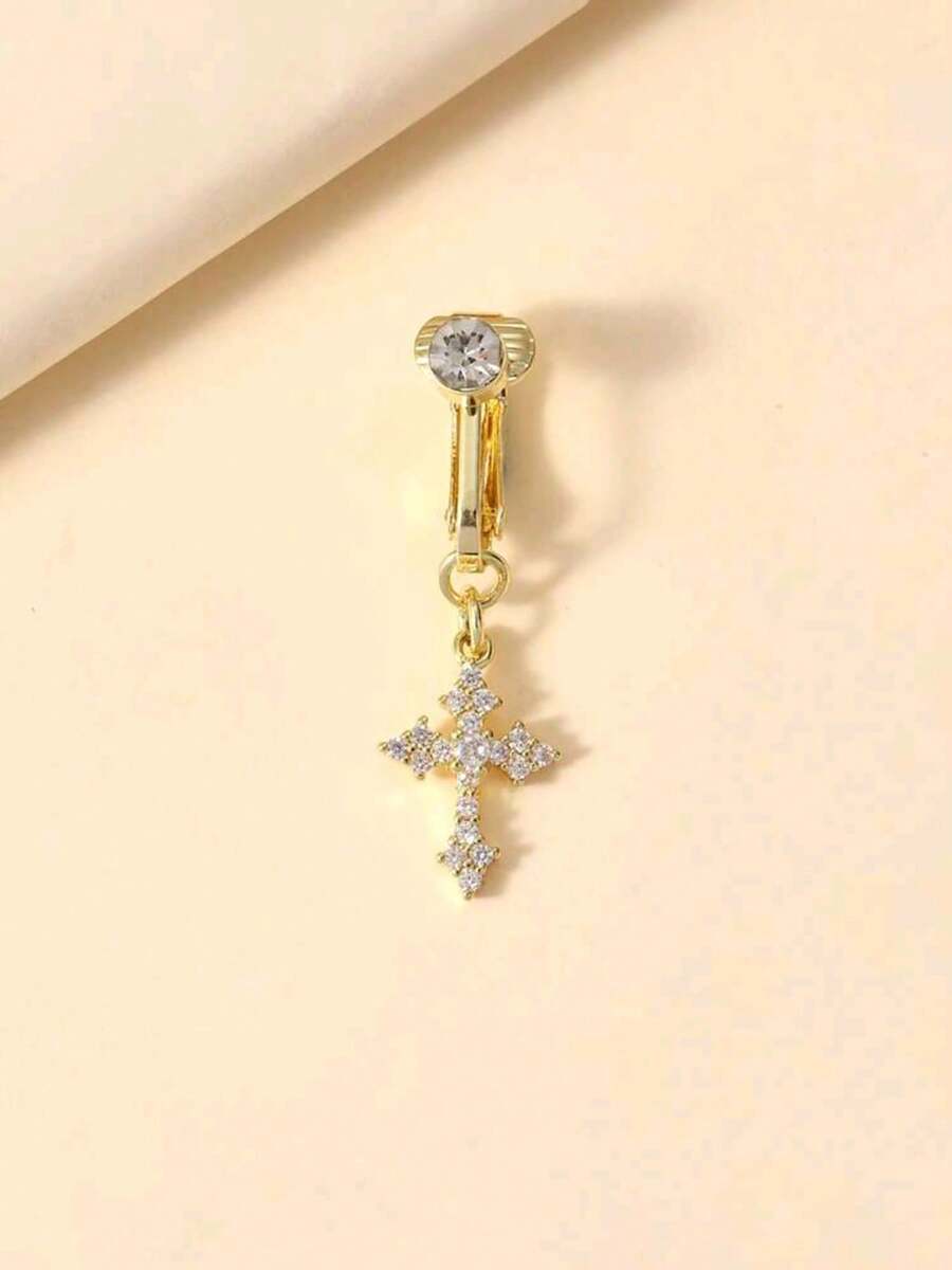 1pc Faux Belly Button Ring With Cross Zirconia Inlay, Non-Piercing Clip-On, Fashion Body Jewelry Gift For Women, Suitable For Any Occasion - Silver - View 1