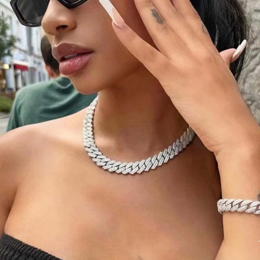 Cuban Necklace Men Women Miami Cuban Necklace Rhinestones Fashion Necklace 14mm Silver - 銀色 - 查看 1