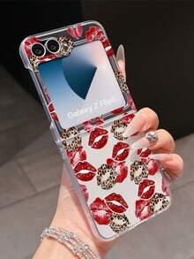 1pc Fashionable & Simple Frosted Sexy Leopard Print Lip Element Folding Phone Case, Protective Anti-Drop: Compatible With Samsung Galaxy Z Flip 3/Z Flip 4/Z Flip 5/Z Flip 6/Z , OPPO Find N3 Flip, Razr 50 Ultra/Razr 60 Ultra/Razr 60/Razr 50 - Clear - View 1