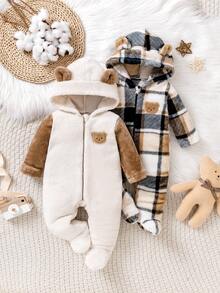 Bhchntiy 2件套婴儿秋冬新款贴片拉链和可爱熊连帽连体衣休闲时尚服装 - 彩色 - 查看 2