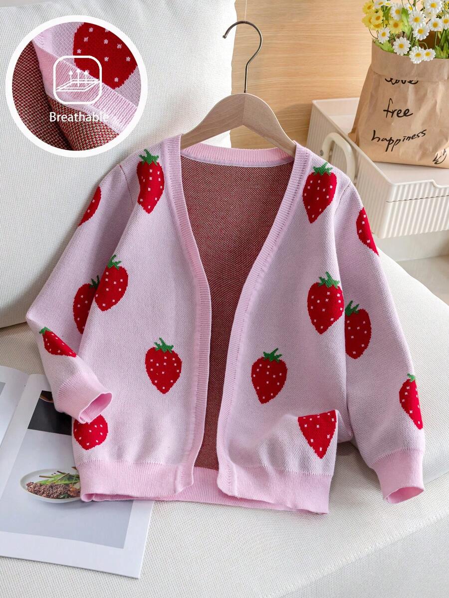 女童可爱草莓图案开衫毛衣，解扣中长款针织外套，适合日常、度假、春季、秋季、冬季 - 粉色 - 查看 1