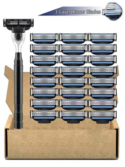 男士剃须刀套装，1 个手柄 + 24 个刀片替换装，3 层精密激光切割边缘，清洁无刺激，易于清洁，防刮设计 - 居家和旅行必备